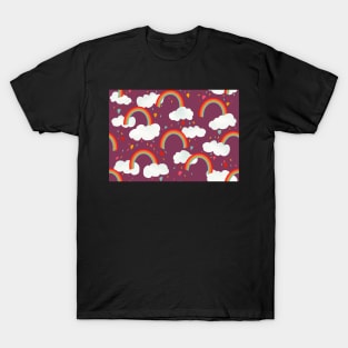 Clouds, rainbows and love hearts on a purple background T-Shirt